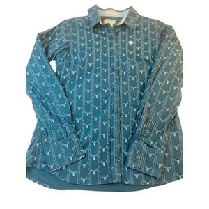 Ariat Steer-Head Kirby Fitted Button Down Teel Long Sleeved Womans Shirt Size M